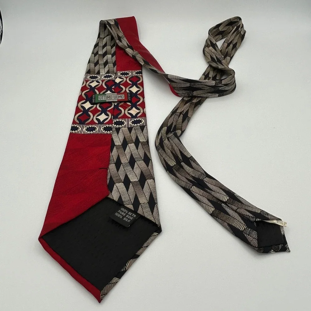 Ottimo Uomo Necktie Geometric Patchwork Mens OS Red Silk Vintage Abstract 90s